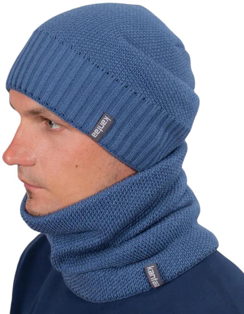 Шапка вязаная и баф на флисе Джинс (2142043032)