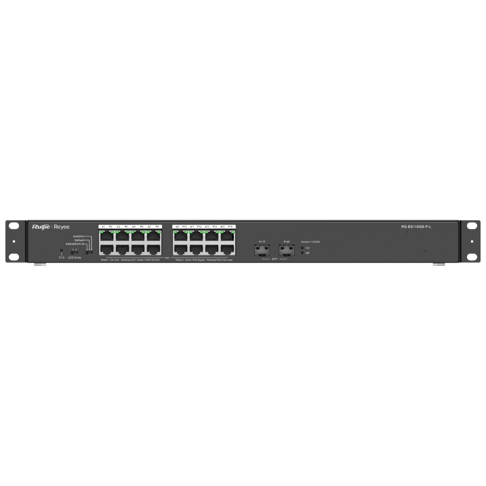 Коммутатор Ruijie Reyee RG-ES118GS-PL неуправляемый 18-портовый Gigabit 16xRJ45 PoE Black (99-00018547)