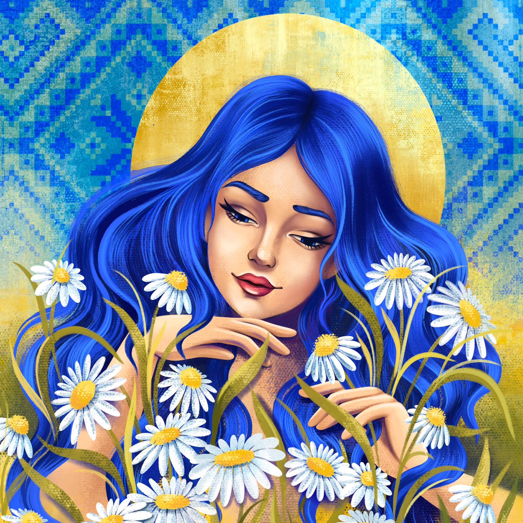 Алмазная мозаика на подрамнике Santi Украинка с ромашками 40x40 см (Top-954386)