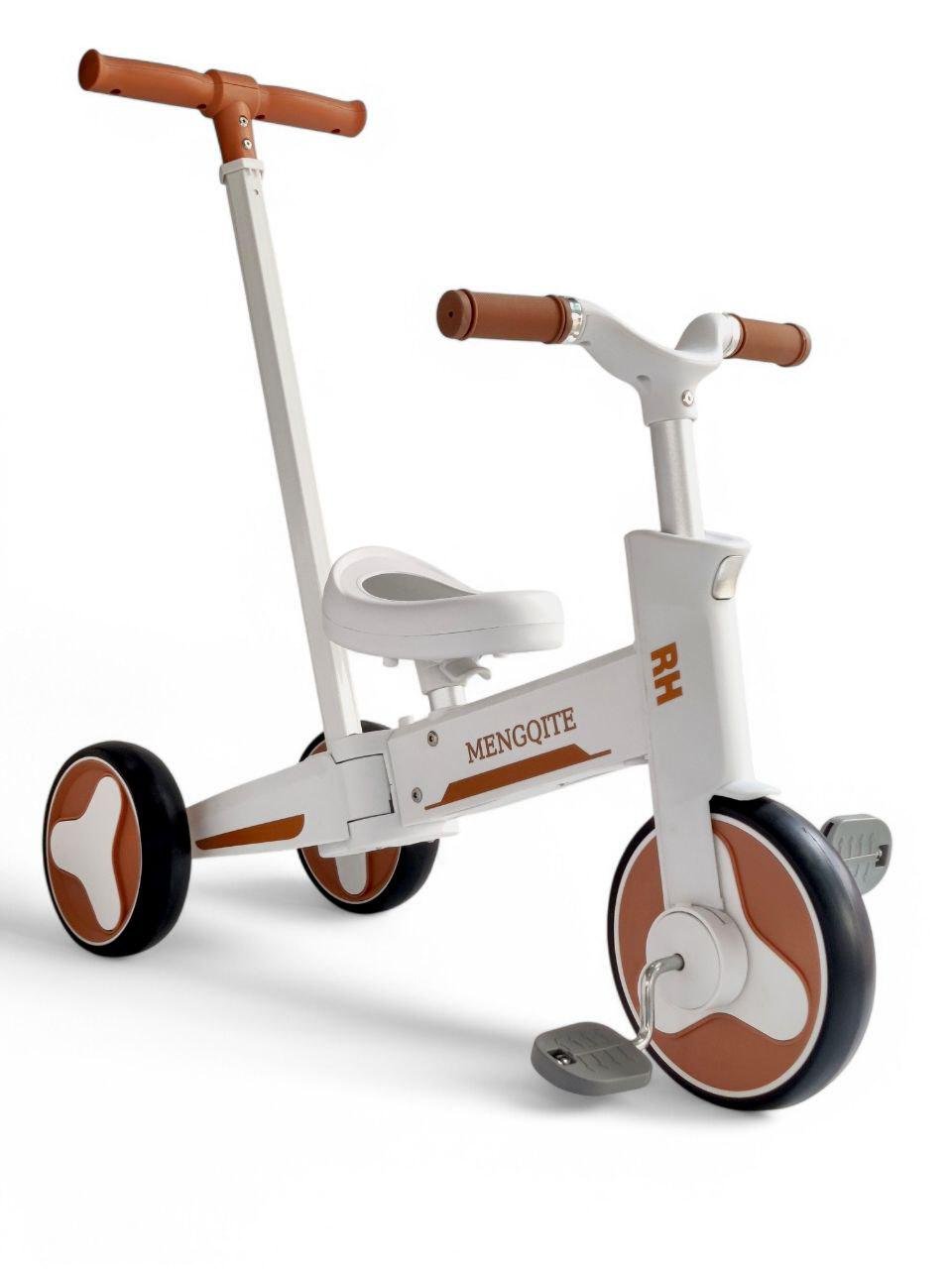 Детский велосипед-беговел с родительской ручкой Mengqite RH 558-1 трехколесный Коричневый (558-1r-s6)