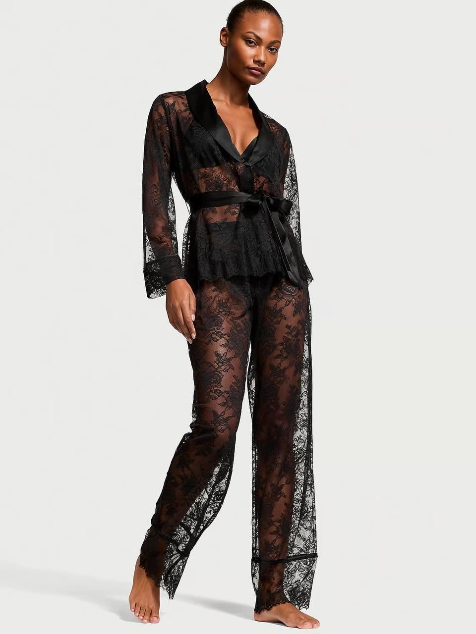 Піжама сорочка/штани Victoria's Secret Rose Lace Long Pajama Set Regular XS Чорний (25435)