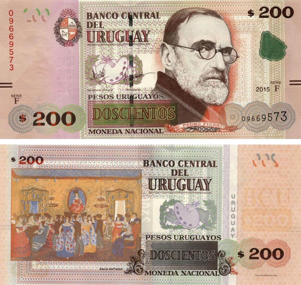 Коллекционная банкнота Уругвай 200 песо 2015 UNC серия F P96 (Б10476)