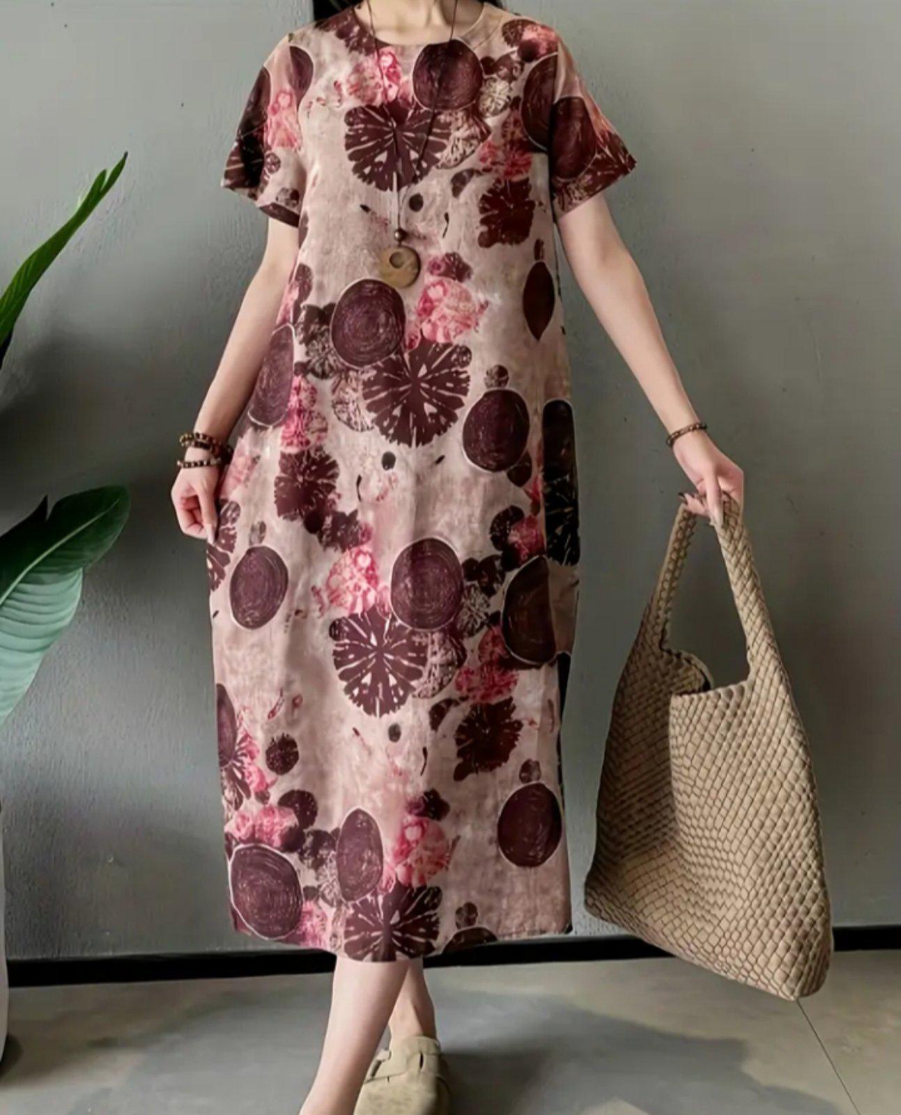 Сукня лляна з короткими рукавами ХL Коричневий (00209)