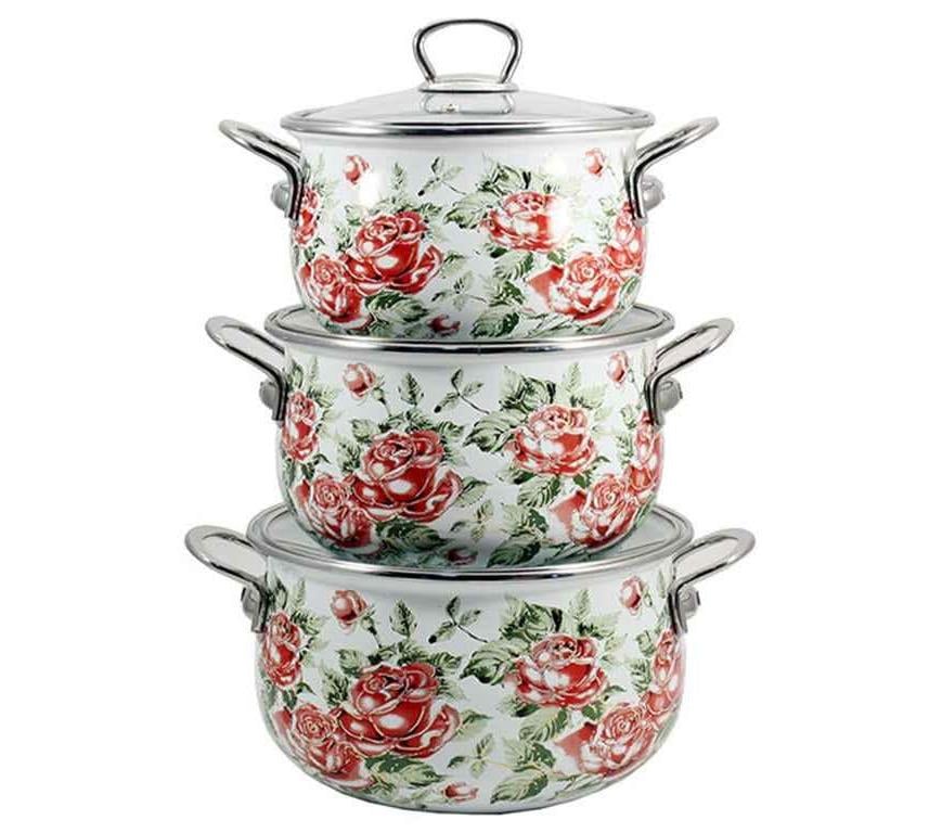Набір каструль Interos Троянди 3 шт. емальовані Набір каструль Interos Троянди 3 шт. емальовані