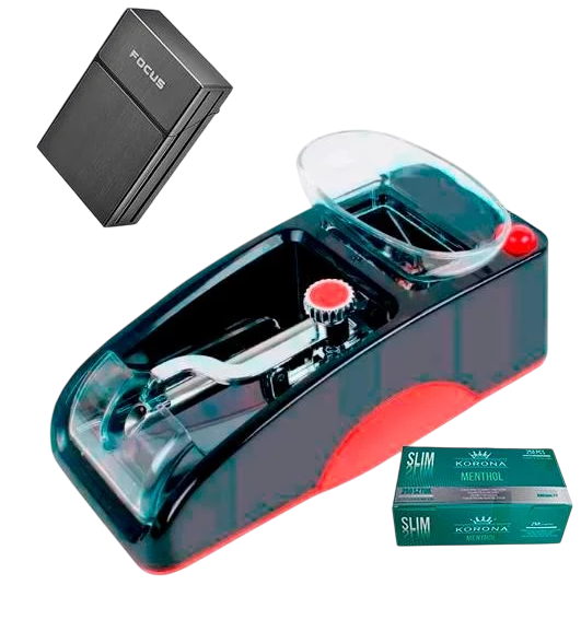 Машинка для слим сигарет электрическая/ручная набивка Slim Gerui 005 для гильз 6,5 мм с портсигаром и гильзами Korona slim с ментолом 250 шт. Красный
