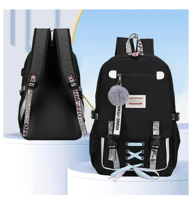 Шкільний рюкзак для дівчаток Harvard з USB портом/замочком і хутряним помпоном Чорний (1226011661) - фото 5 Шкільний рюкзак для дівчаток Harvard з USB портом/замочком і хутряним помпоном Чорний (1226011661) - фото 5