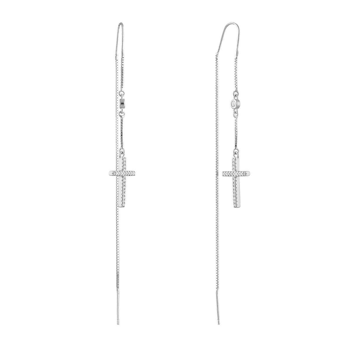 Серебряные серьги-протяжки с крестиком и фианитами прямой формы