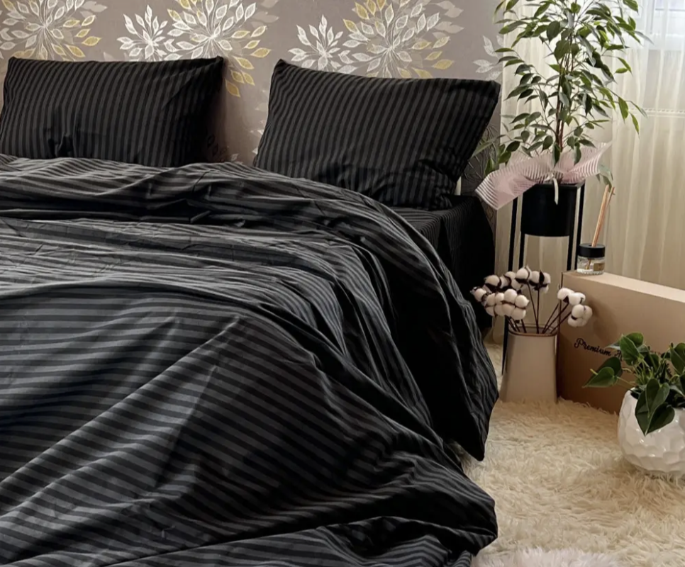 Комплект постільної білизни Gold У смужку двоспальний Чорний (bz485) - фото 1 Комплект постільної білизни Gold У смужку двоспальний Чорний (bz485) - фото 1