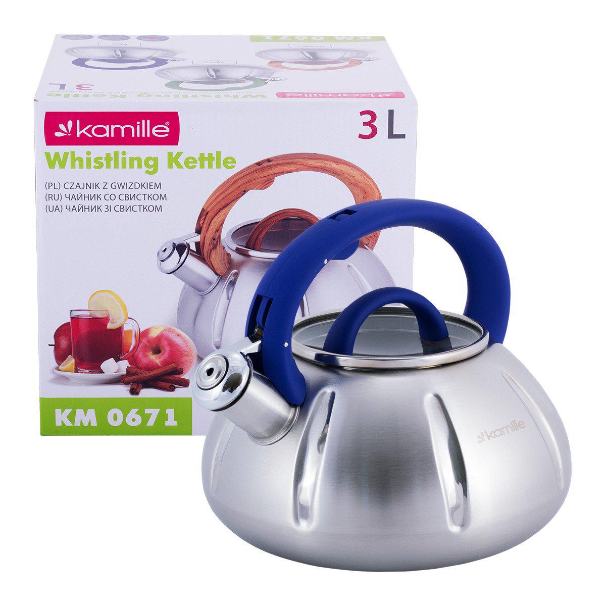 Чайник Kamille 3 л со свистком и стеклянной крышкой СинийKM-0671SN