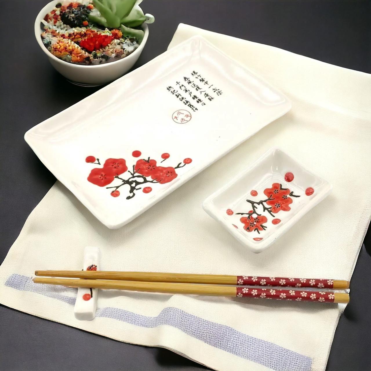 Набор для суши Сакура 4в1 тарелка/соусница/бамбуковые палочки/подставка под палочки из керамики 28х14 см (07-34280B) - фото 6 Набор для суши Сакура 4в1 тарелка/соусница/бамбуковые палочки/подставка под палочки из керамики 28х14 см (07-34280B) - фото 6