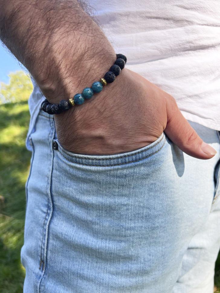 Мужской браслет из натуральных камней лава и апатит 4685