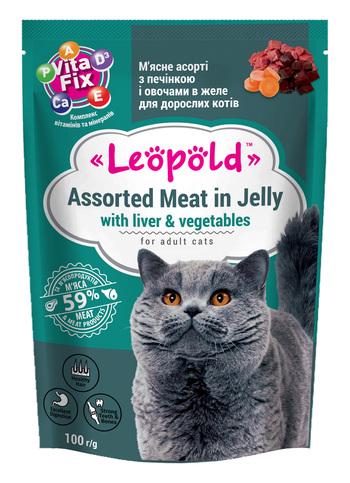Корм для котів вологий Леопольд Асорті з м'ясом/печінкою і овочами в желе 100 г (00-00026862)