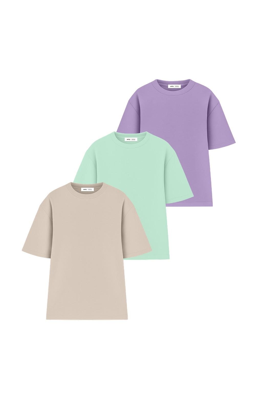 Набор мужских футболок Ray 3 шт. oversize S/M Бежевый/Светло-зеленый/Лиловый (U0104M-3PACK1)