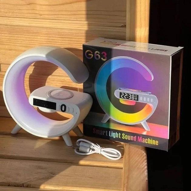 Ночник G63 мини с Bluetooth колонкой/беспроводной зарядкой 10W часами и RGB подсветкой - фото 4 Ночник G63 мини с Bluetooth колонкой/беспроводной зарядкой 10W часами и RGB подсветкой - фото 4
