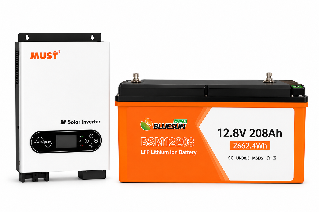 Комплект безперебійного живлення MUST PV1800 2 кВт та LiFePO4 акумулятор BLUESUN BSM12208 12,8 V 208 Ah Bluetooth (2662Wh)
