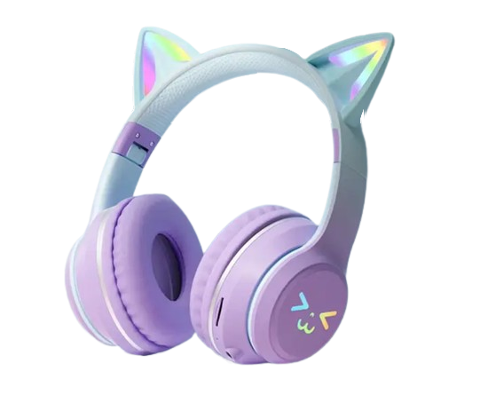 Наушники детские беспроводные CATEAR BT612 с ушками и RGB-подсветкой Bluetooth 5,3 MicroSD AUX Фиолетовый (2679493948)