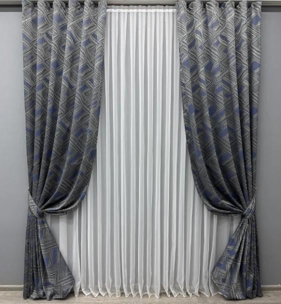 Штори Mystery жакард 1,5х2,9 м 2 шт. Сірий/Темно-синій (1627ш) - фото 1 Штори Mystery жакард 1,5х2,9 м 2 шт. Сірий/Темно-синій (1627ш) - фото 1