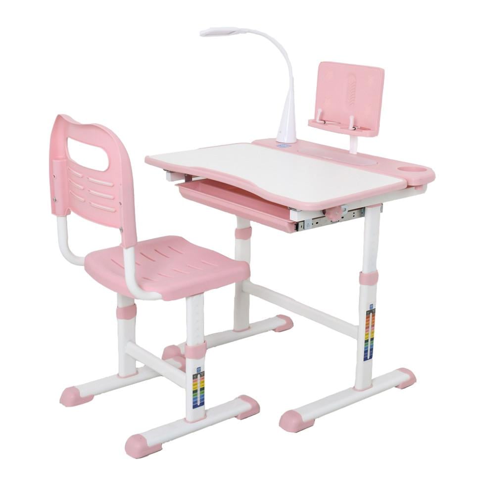 Парта-трансформер Bambi зі стільчиком та лампою з регулюванням висоти 51/74 см та нахилу Рожевий