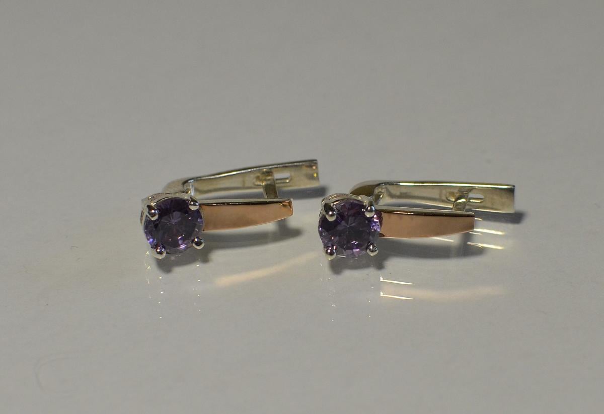 Срібні сережки з пластинами із золота 007с Аметист