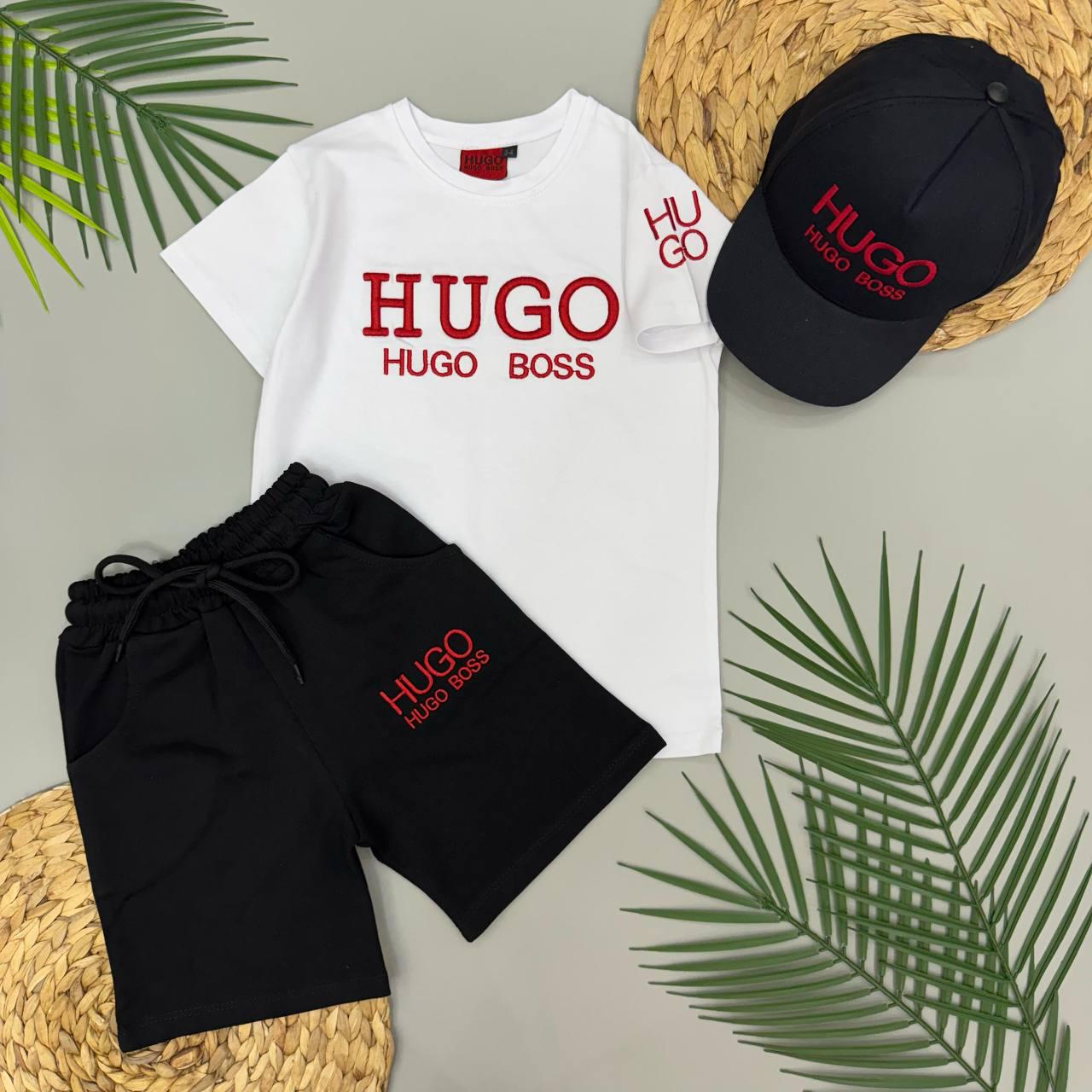 Костюм для мальчика HUGO BOSS футболка/шорты/кепка 122-128 см Бело-черный (27303989)