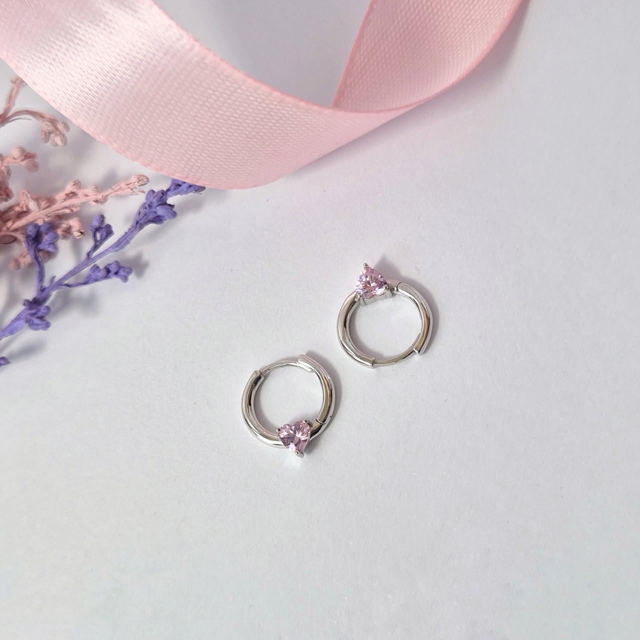 Серьги кольца сердце с розовым камнем серебро 925 пробы родированное 1,39 г 10 мм (вс707г)