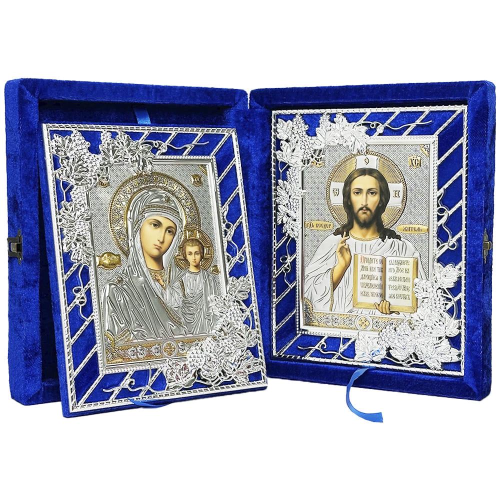 Икона Святая Богородица и Спаситель в бархате ажурные (Б52-хр-Дор-С)