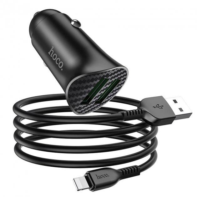 Адаптер автомобільний HOCO lightning cable Farsighted dual port QC3.0 car charger set Z39 | 2USB, QC3.0, 3A/18W | black