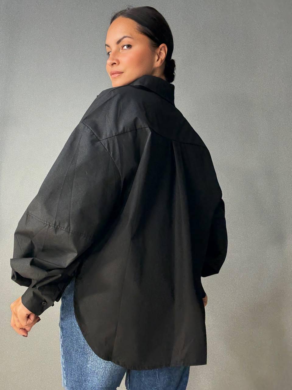 Рубашка женская Lan Lan 7503 оверсайз широкая длинная с пышным рукавом OS Черный (4910) - фото 2