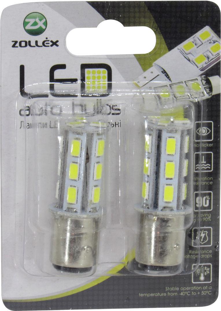 Лампочка 2-ох конт. груша  LED SMD 12V 18-діодів P21/5W BAY15d Zollex 2 шт. S0970 12V-P21/5W BAY15d Білий