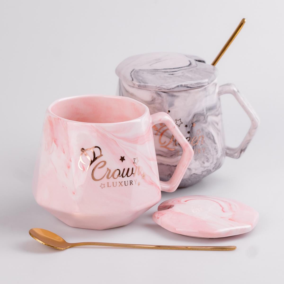 Набор кружек керамических Queen&King с крышкой и ложкой в ​​подарочной упаковке 450 мл (HPCYYDX1142)