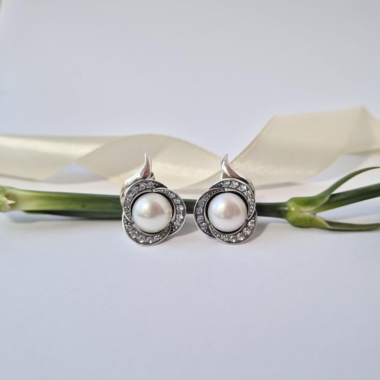 Серьги с белой жемчужиной серебро 925 пробы черненое 10,74 г (2123с)