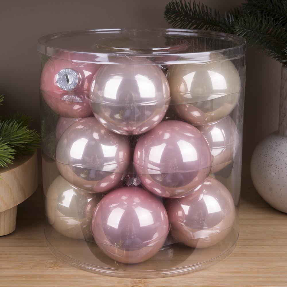 Шары новогодние из стекла 8 см 15 шт. Розовый крем (4271-30)