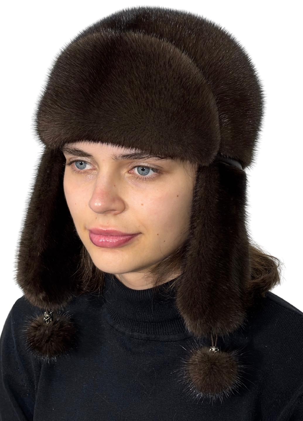 Шапка женская Меховой стиль Ушанка из натурального меха норки Коричневый (058/J)