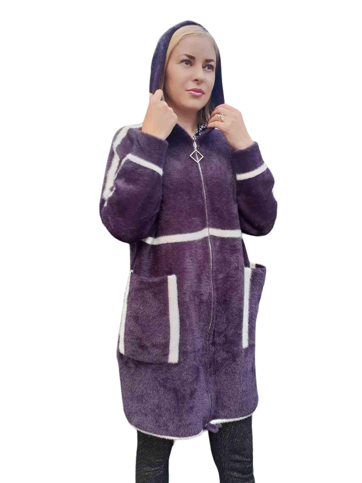 Пальто женское из шерсти альпака с капюшоном р. 56-60 Фиолетовый (0727)