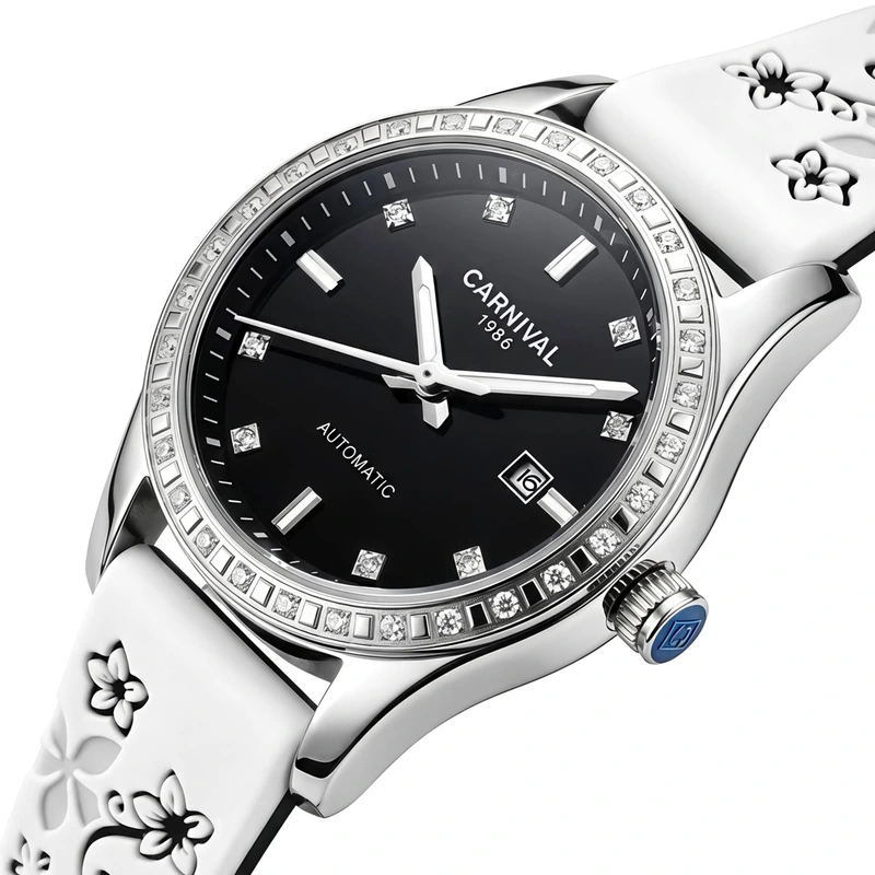Годинник жіночий механічний Carnival Luiza Black Flower 2 ремінці