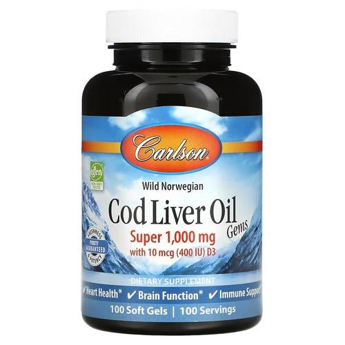 Омега-3 Carlson Wild Norwegian Cod Liver Oil Gems 1,000 мг 100 Soft Gels (CAR-01301)