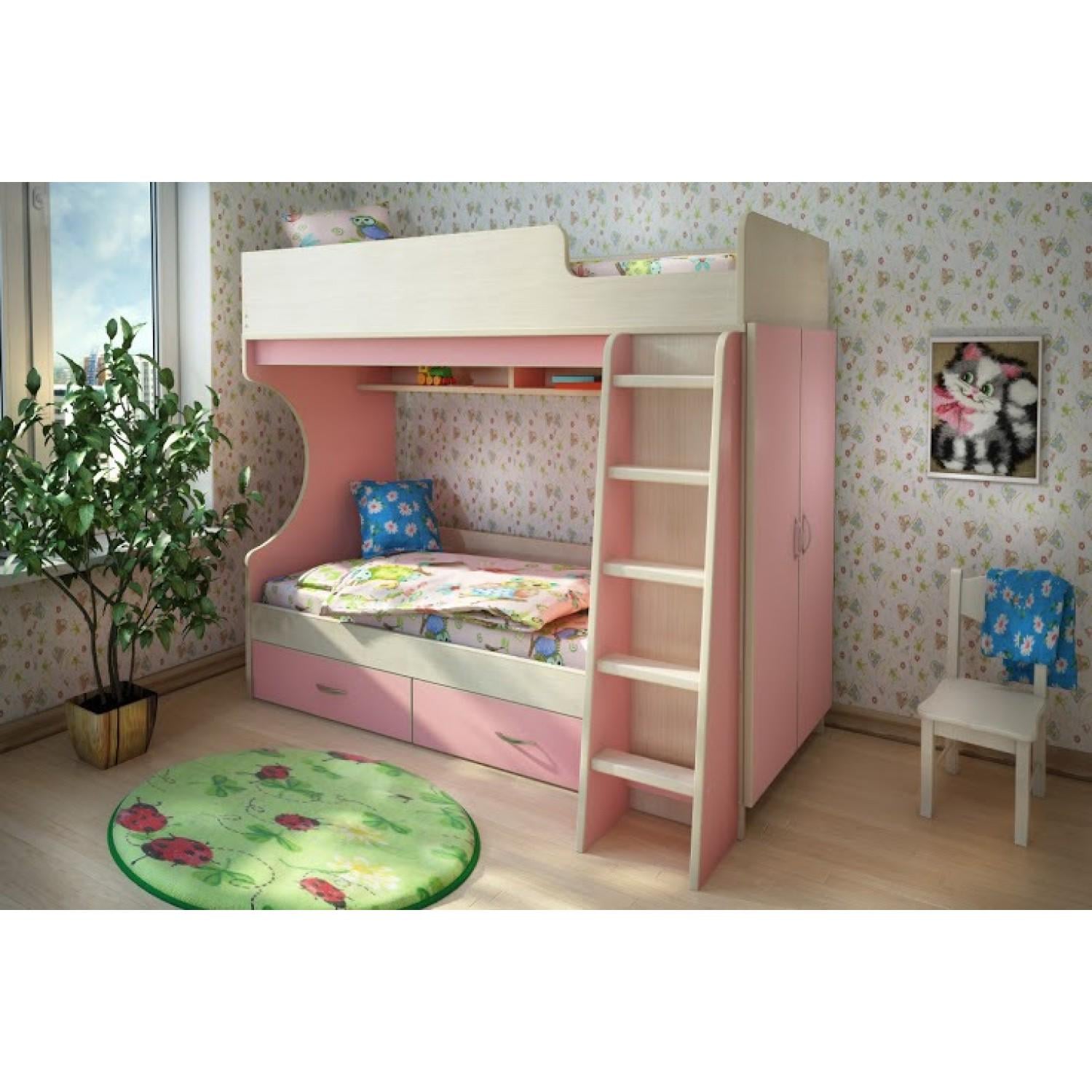 Кровать детская двухъярусная со шкафом и ящиками 157x197 см (Д01)