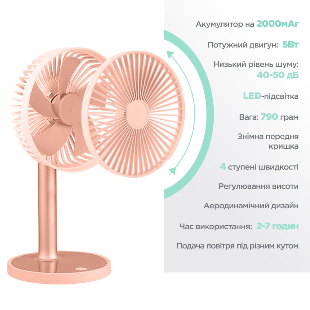 Вентилятор настільний Losso LJQ-117 акумуляторний з LED-підсвіткою Бежевий (234143755) - фото 3