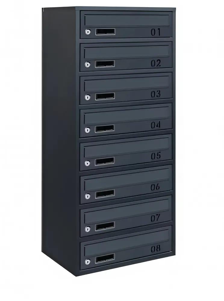 Поштова скринька багатосекційна Галіндустрія E2-08-B з металу на 8 квартир із замком 390х250х895 мм з номером Антрацитовий (124-119-000004781)