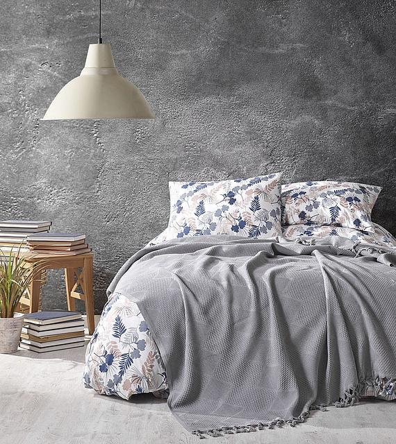 Комплект постельного белья Cotton area Saheser Marita Mona pike евро с вафельным покрывалом сатин 562 Серый (DR012976)