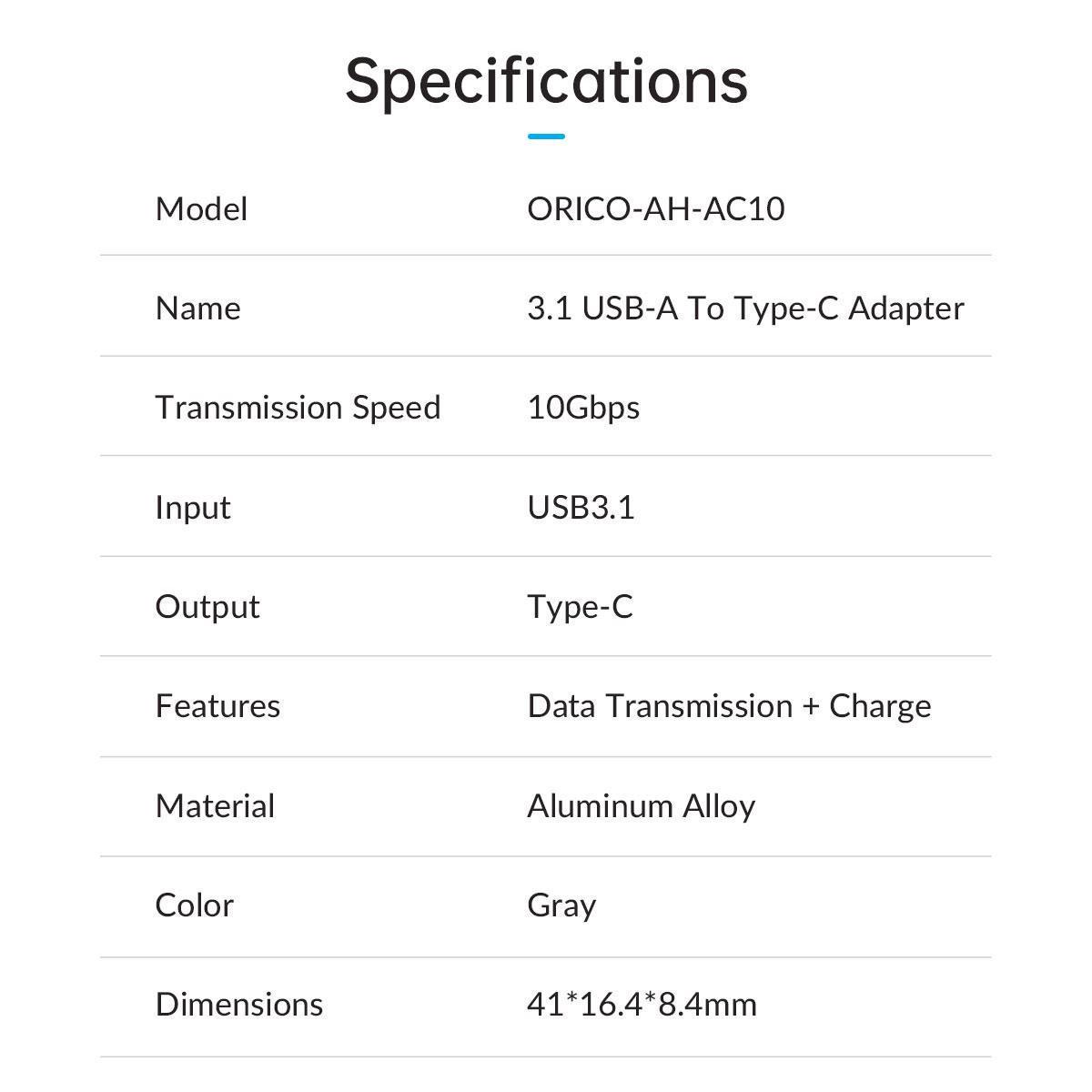 Кабель Orico USB-Type-C 10 Гбіт/с USB 3.1 15W USB-A на USB-C металевий Сірий (ORICO-AH-AC10-GY-BP) - фото 5