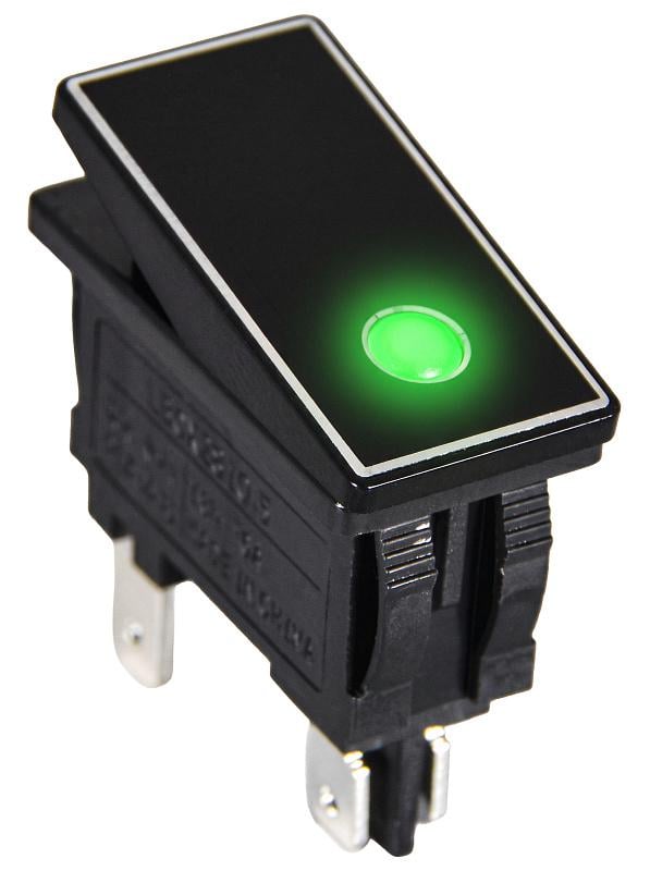 Переключатель АСКО KCD3-M1-201EN-BB 1 клавиша 1NO 30,5 мм 16A с подсветкой зеленый LED 230V алюминиевая вставка Черный (A0140010309)