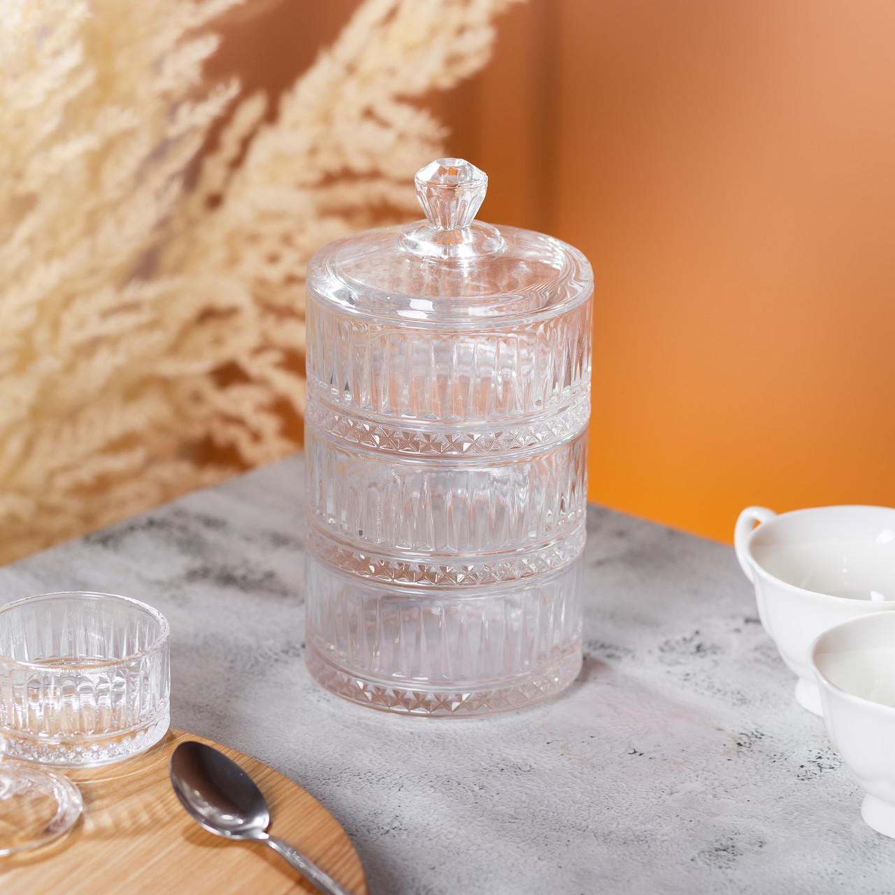 Цукерниця триярусна скляна з кришкою 10 см (5962) - фото 5 Цукерниця триярусна скляна з кришкою 10 см (5962) - фото 5