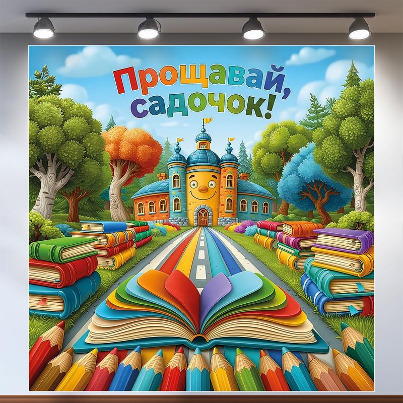 Плакат для фотозоны "Прощавай садочок" с книгой и карандашами 160х160 см