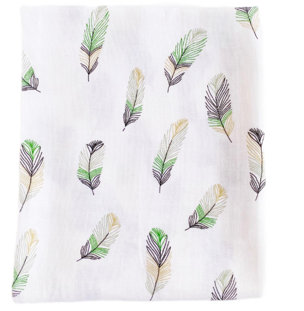 Пеленка муслиновая Перья зеленые №2 100х80 см (655)
