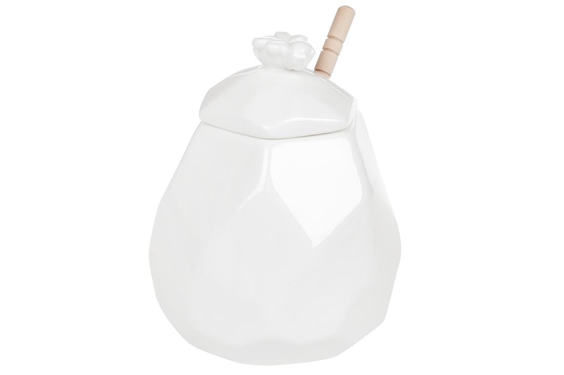 Медовница фарфоровая 450 мл с деревянной ложкой Белый