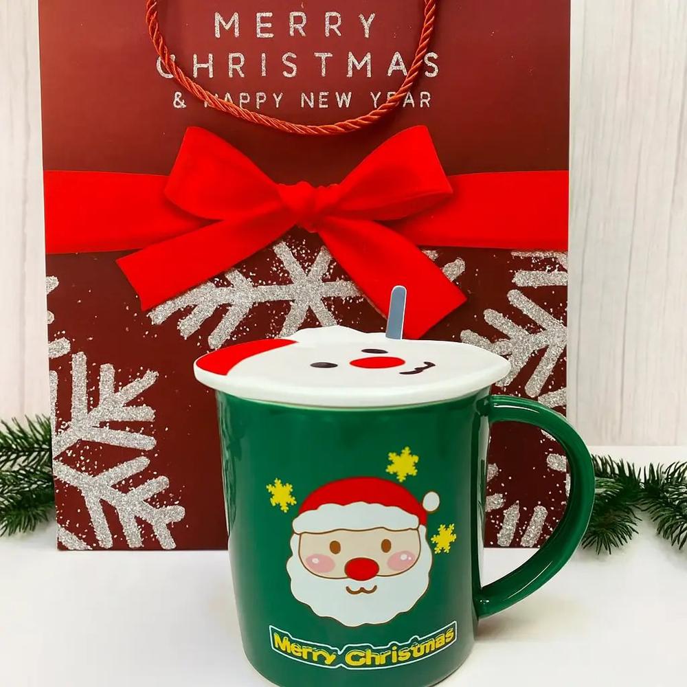 Чашка новорічна з кришкою і ложкою Санта кераміка 380 мл Зелений - фото 7