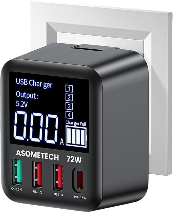 Зарядний пристрій ASOMETECH WLX-A9T 72Wmax GAN PPS PD3.0 QC4/порти Type-C/3USB Black (43048)