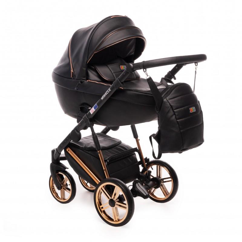 Коляска Broco Miracle универсальная 2в1 с золотистым шасси дождевиком и рюкзаком для родителей Черный
