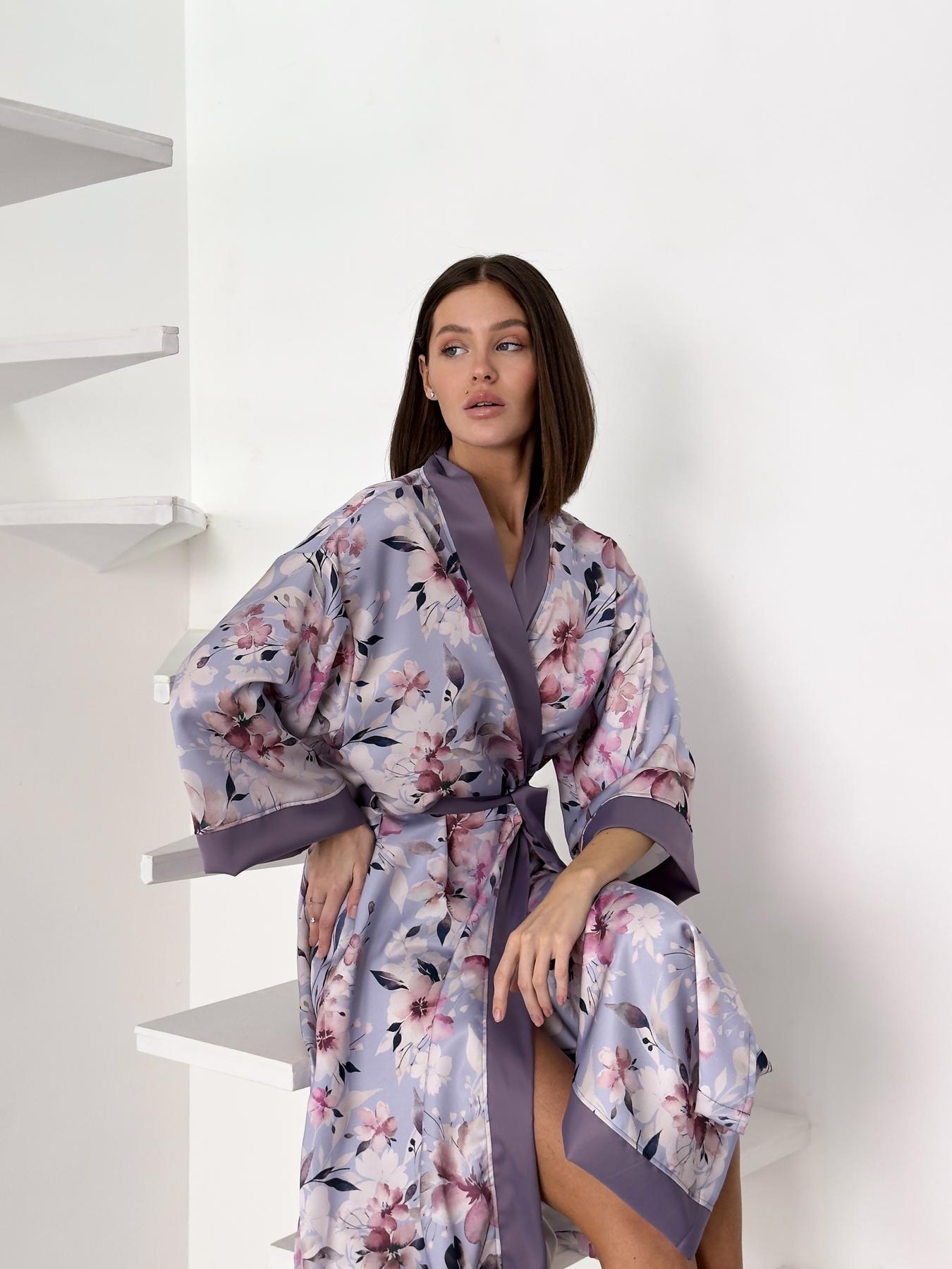 Халат-кимоно женский длинный COSY Morning Bloom Цветы шелк-сатин S/M Лавандовый MB2 (MB2/SM) - фото 4